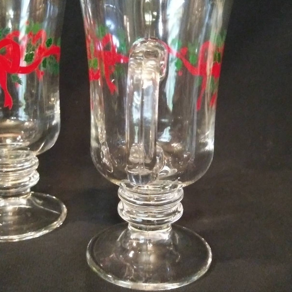 2 Vintage Libbey Clear Glass Pedestal Christmas Bow Irish Coffee Mugs Gold Trim - Picture 10 of 11
